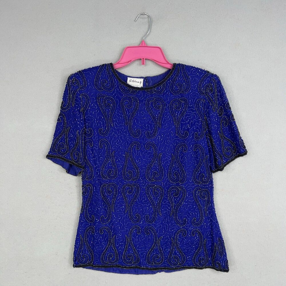 Vintage Stenay Top Womens Medium Blue Beaded Paisley Evening 100% Silk Cruise